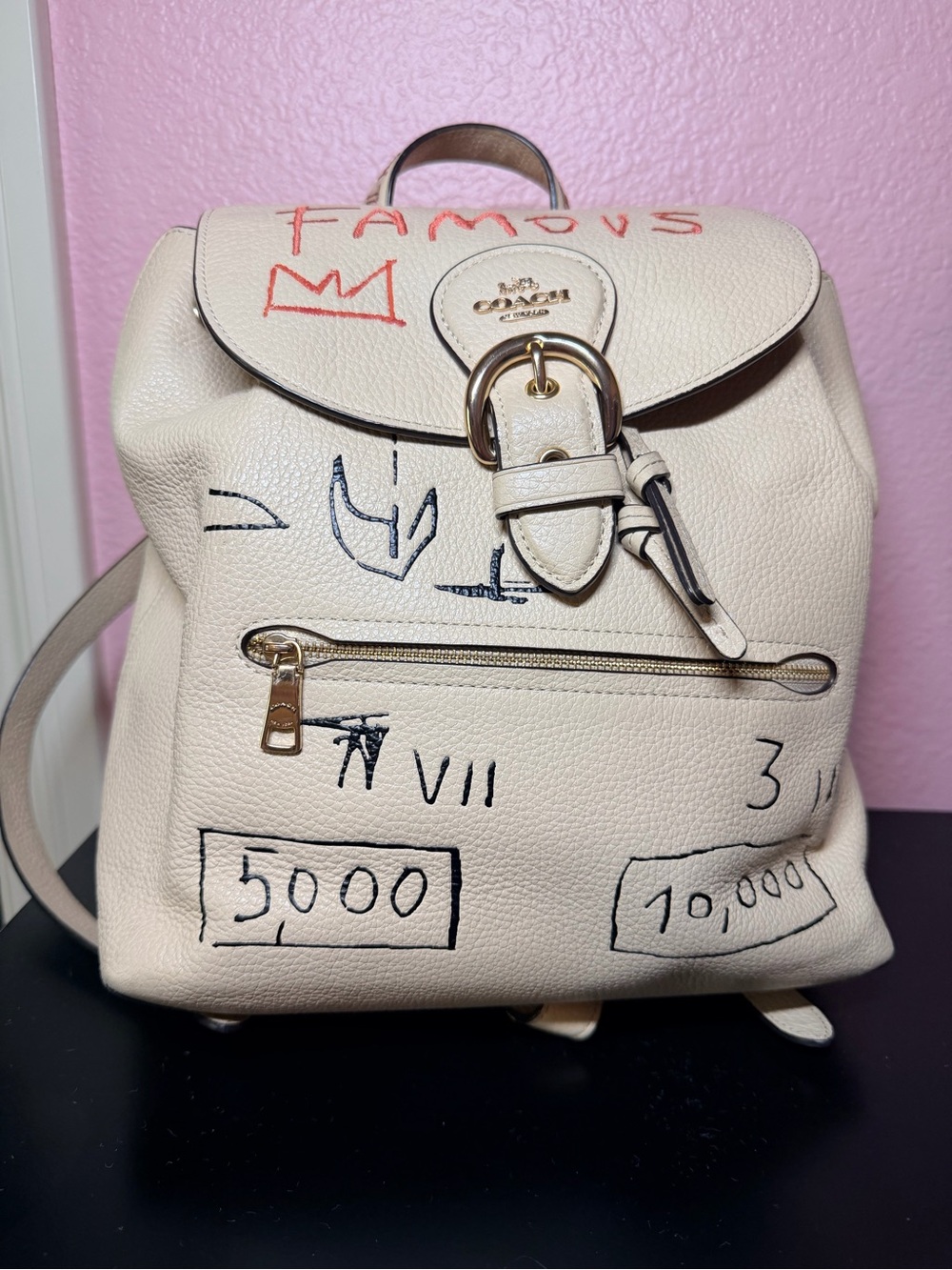 Coach Cream Leather Graffiti Backpack with Gold Hardware